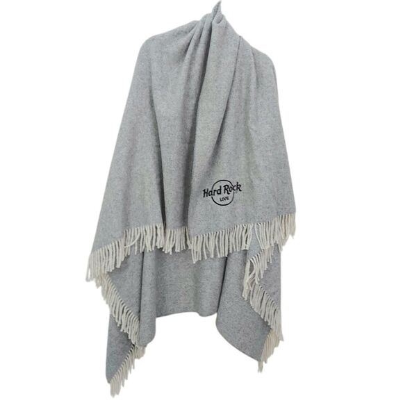 Terry Town Throw Blanket Gray Merino Wool Blend Embroidered Hard Rock Fringed - Picture 2 of 9